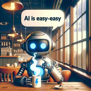 Futuristic Robot in Coffee Shop with 'AI is easy-peasy' Bubble