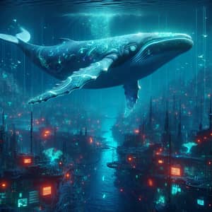 Cyberpunk Whale Swimming in Futuristic Neon Ocean