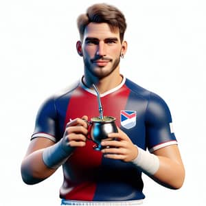 Hispanic Football Player Drinking Yerba Mate in Blue and Red Jersey