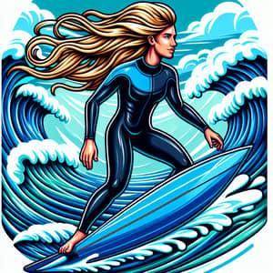 Dynamic Surfing Scene: Blond Surfer Riding Huge Ocean Wave