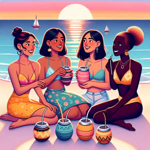 Diverse Women Enjoying Yerba Mate on Beach