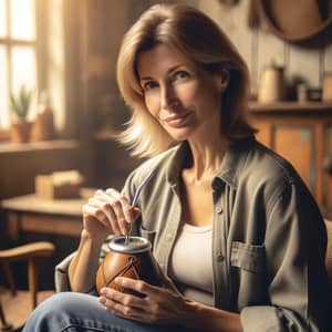 Cozy Homely Scene: Middle-Aged Woman Relaxing with Yerba Mate