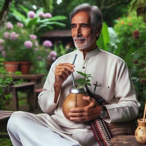 Elderly South Asian Man Enjoying Yerba Mate in Lush Garden