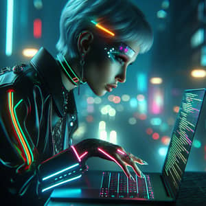 Cyberpunk Woman Engrossed in Code on Modern Laptop
