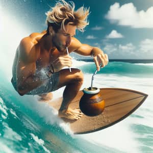 Blonde Man Surfing on Turquoise Wave with Yerba Mate
