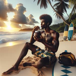 Relaxing Yerba Mate Moment: African Male Surfer on Sandy Beach