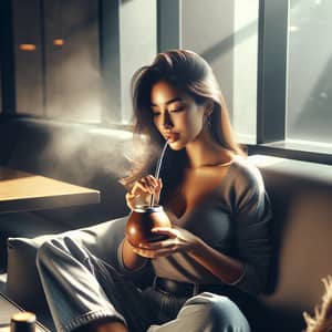 Tranquil South Asian Woman Enjoying Yerba Mate Drink