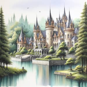 Majestic Castle Watercolor Painting - Tranquil Day Scene