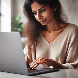 Sleek Silver Laptop Typing by South Asian Woman