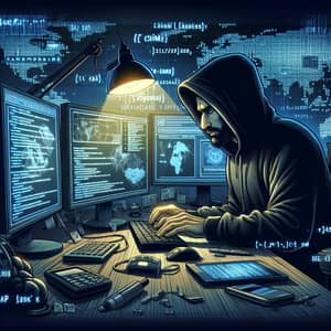 Ethical Hacker in Action: Cybersecurity Expert Working in Dimly Lit Room