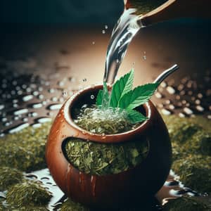 Serene Yerba Mate Ritual: Water Pouring on Leaves in Traditional Gourd