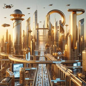 Golden Futuristic Cityscape | Skyscrapers, Vehicles, Drones