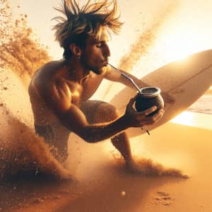 Vibrant Beach Surfer Enjoying Yerba Mate on Sandy Shore