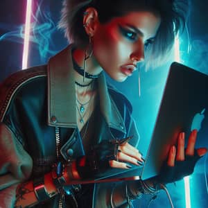 Futuristic Cyberpunk Woman Immersed in Work