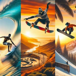 Diverse Boardriders in Action: Surfing, Skateboarding, Snowboarding