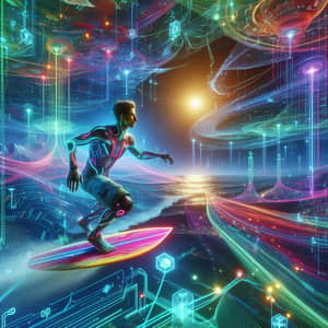 Digital Surfer in Vibrant Metaverse: Neon-Colored Gear & Immersive Environment