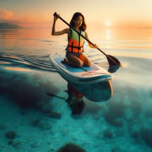 Tranquil Sunset Paddleboarding: Serene Moment of Balance and Grace