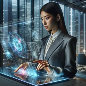 Elegant Asian Woman Using Futuristic Computer
