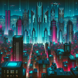 Futuristic Cyberpunk Cityscape with Neon Lights and Surveillance Drones