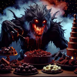 Terrifying Mythical Creature Feasting on Chocolate - Enchanting Night Scene