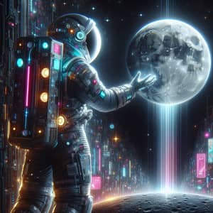 Futuristic Cyberpunk Scene with Astronaut and Glowing Moon