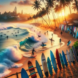 Surfer's Paradise: Beach Scenes with Diverse Surfers and Colorful Sky