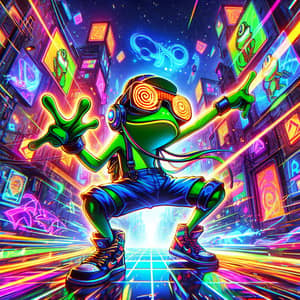 Dynamic Dancing Green Frog in Cyberpunk Virtual Reality World