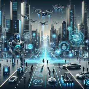 Futuristic Technology Scene: AI Robots, Neon Lights & Smart City