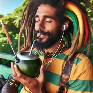 Afro-Caribbean Man Enjoying Yerba Mate with Reggae Vibes