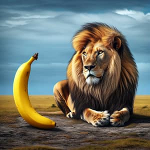 Majestic Lion and Playful Banana: Unique Contrast Captured