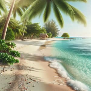 Tranquil Tropical Beach with Palm Trees, Seashells, and Thatched-Roof Hut
