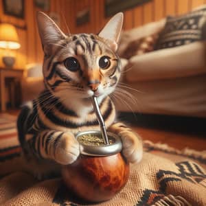 Feline sipping yerba mate in cozy living room setting