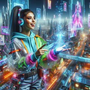 Enthusiastic Young Woman in Futuristic Metaverse | Virtual Reality Tech-Wear