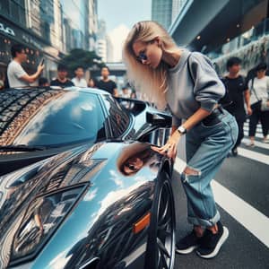 Blonde Woman Auto Enthusiast Inspecting Shiny Supercar in City Scene