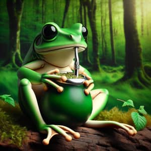 Green Frog Sipping Yerba Mate in Serene Forest Setting