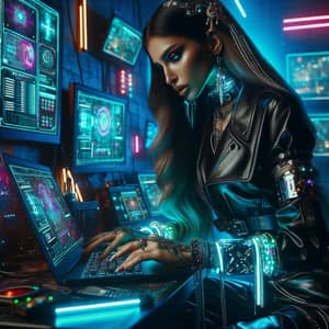 Futuristic Middle-Eastern Woman Working on Sleek Laptop in Cyberpunk Setting