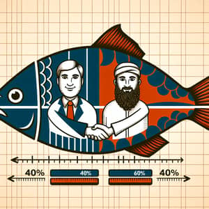Detailed Fish Drawing with Cartoon Men Holding Hands