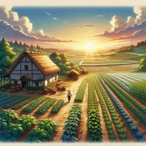 Tranquil Farm at Sunset: Anime-style depiction of cultivated fields