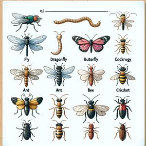Educational Insects Worksheet: Fly, Dragonfly, Worm, Butterfly & More