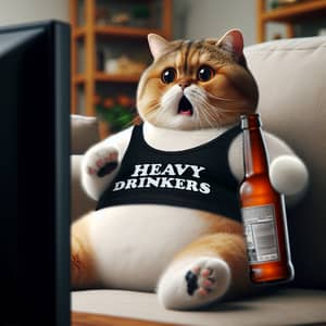 Surprised Chubby Cat Watching TV with Bottle on Couch