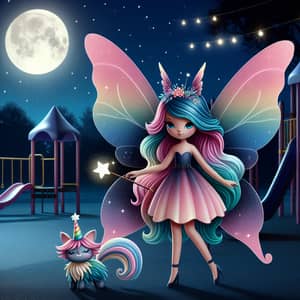 Vibrant Fairy Girl with Magical Wand on Nighttime Playground