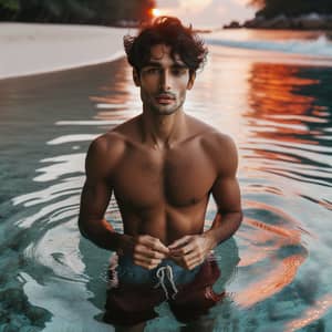 Serenity in Nature: Tranquil South-Asian Man in Clear Water
