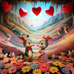 Whimsical Valley with Vibrant Flowers & Loving Mice
