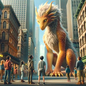 Gigantic Furry Kid Dragon in Urban City | Fantasy Scene