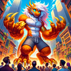 Furry Humanoid Orange Dragon in City - Epic Fantasy Illustration