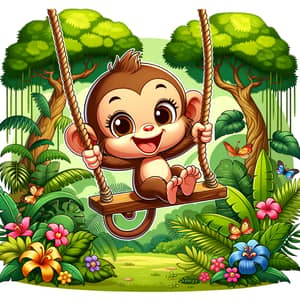 Cartoon Monkey Swinging in Lively Jungle - Fun Wildlife Scene