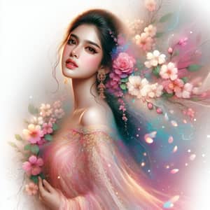 Ethereal South Asian Woman in Flowing Gown Surrounded by Flowers