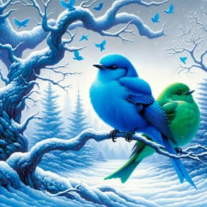 Vibrant Blue and Green Birds in Winter Landscape