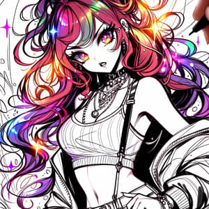 Seductive Anime-Style Girl with Colorful Hair and Trendy Outfit