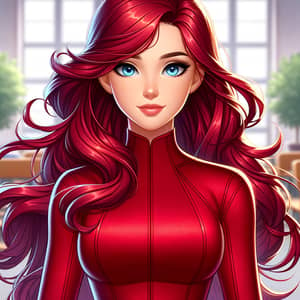Strong and Confident Female Character in Crimson Hair in School Setting